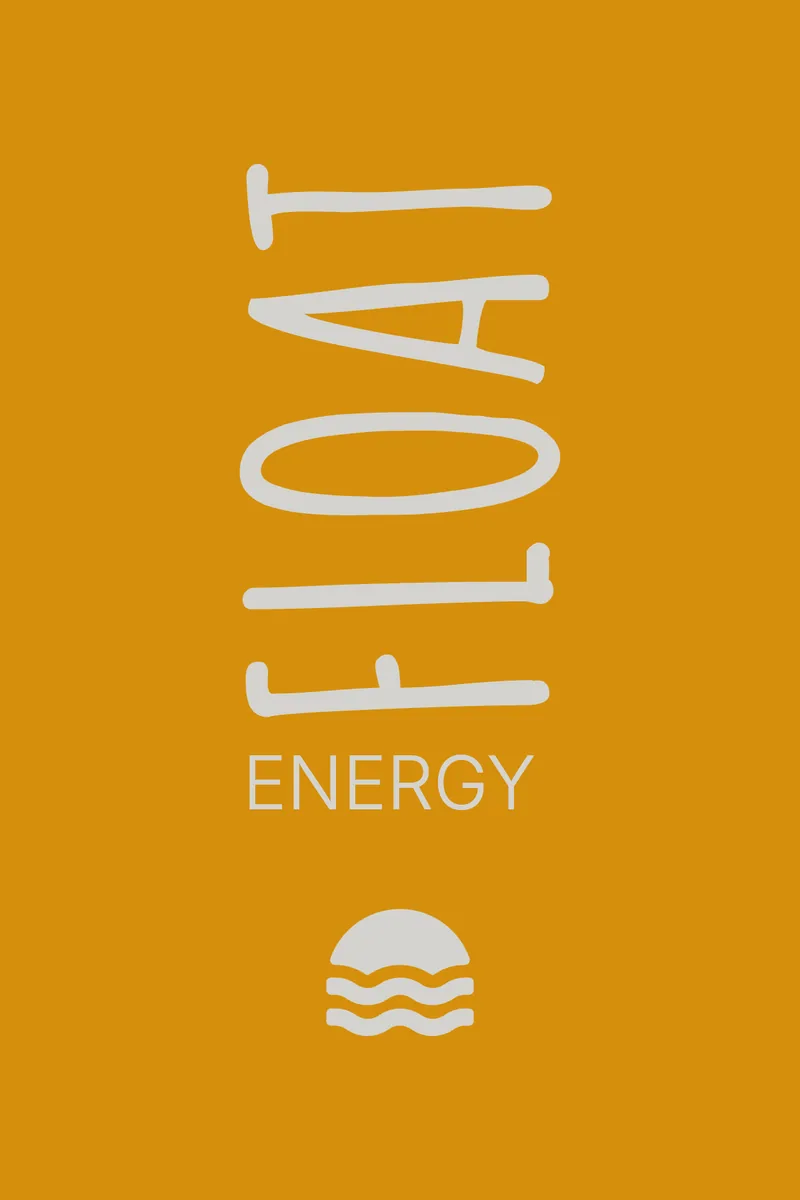 The vertical lockup in warm grey on orange: FLOAT, ENERGY and the icon