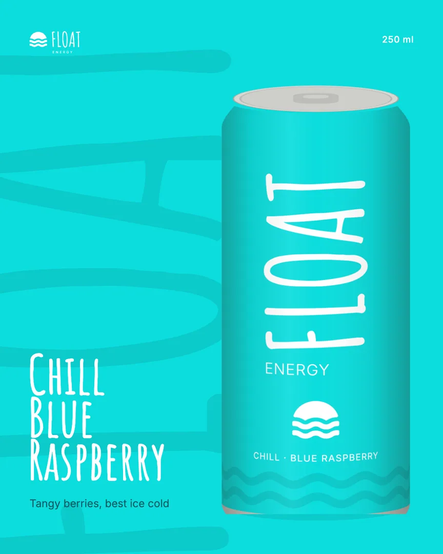 Launch post for Chill Blue Raspberry: the can on cyan, FLOAT huge and tonal behind it
