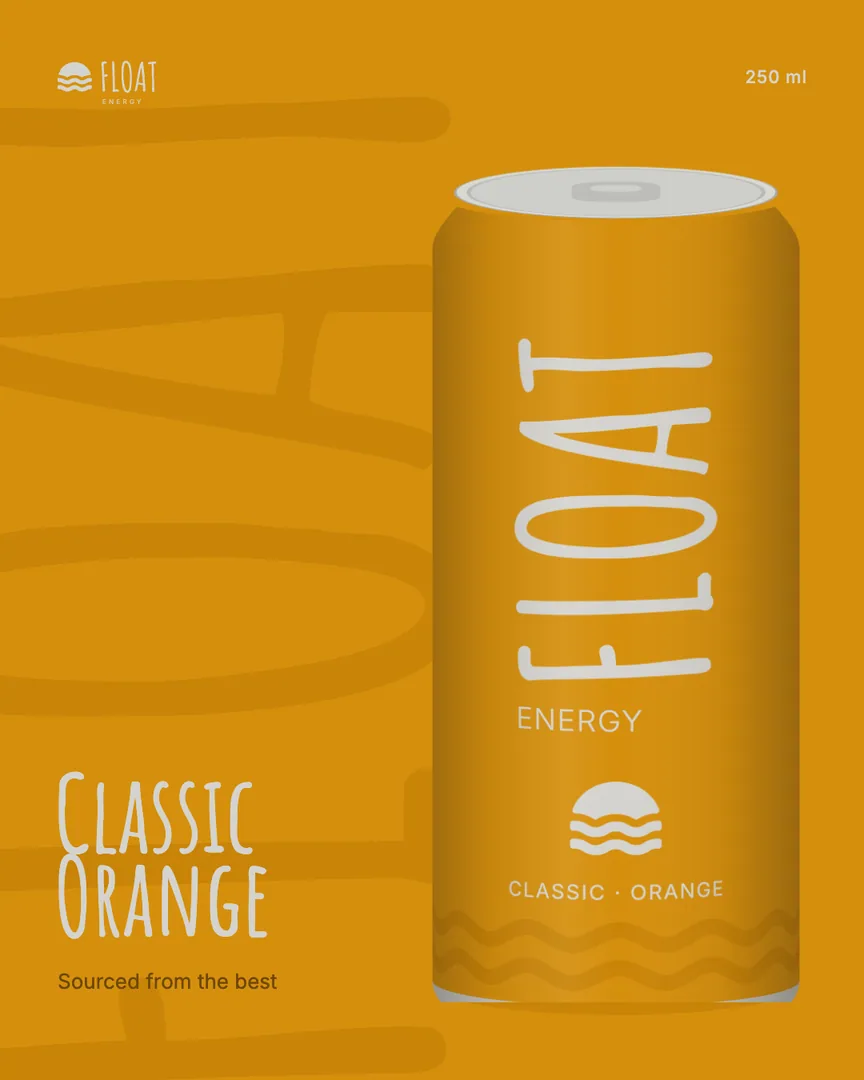 Launch post for Classic Orange: the can on orange, FLOAT huge and tonal behind it