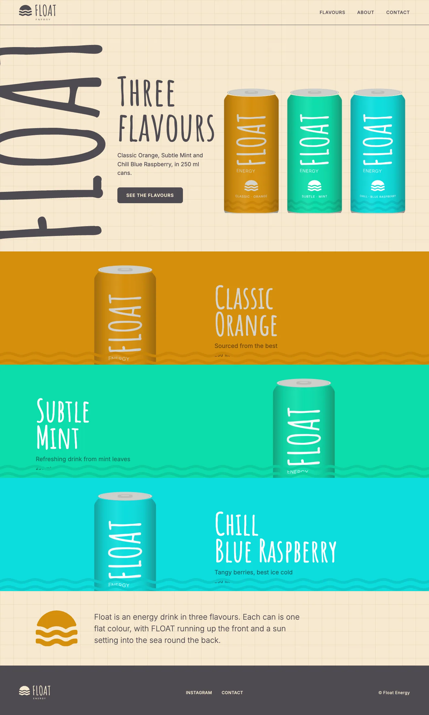 The Float Energy site on a desktop: the three cans on the cream grid, then a band for each flavour and a line about the drink