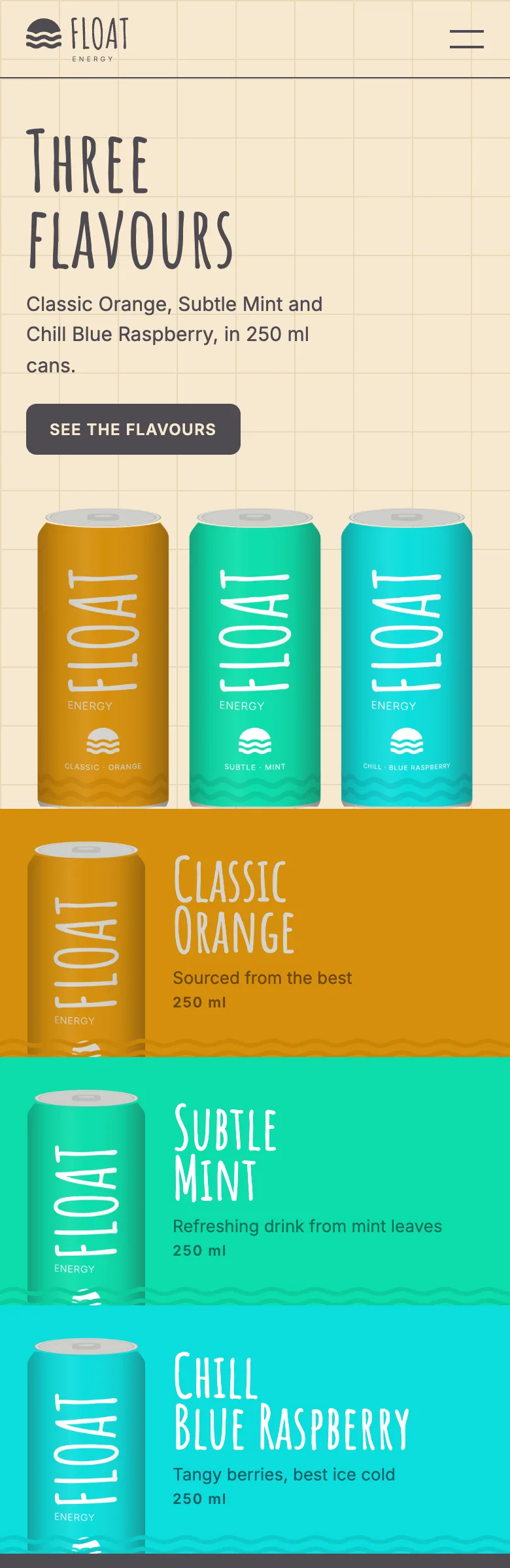 The Float Energy site on a phone: the three cans, then a band for each flavour