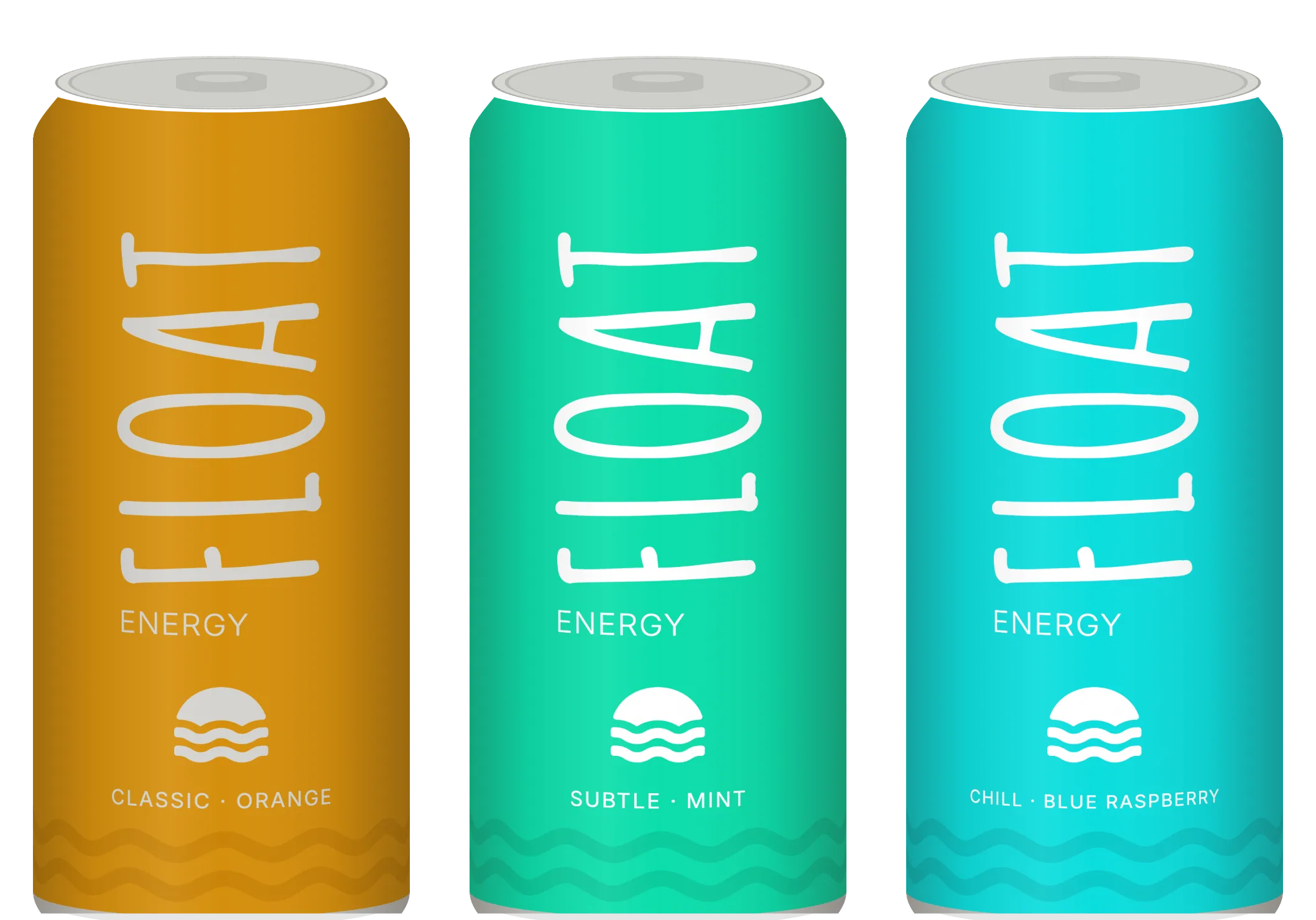 The three Float cans side by side: orange, mint and cyan
