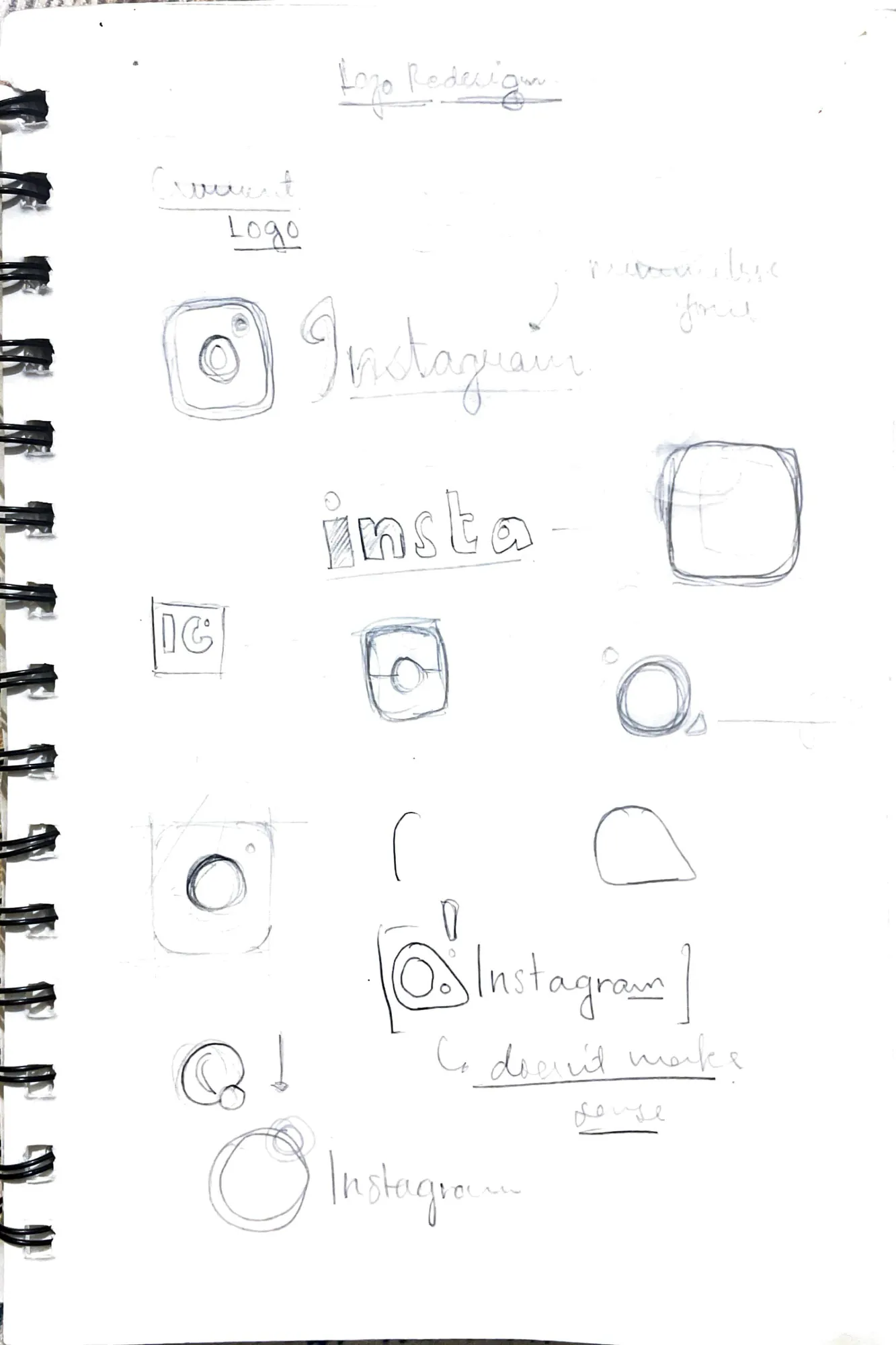 Sketchbook page: the current logo, then early tries, a bordered IG, a lens with a flash, a round lens beside the word Instagram