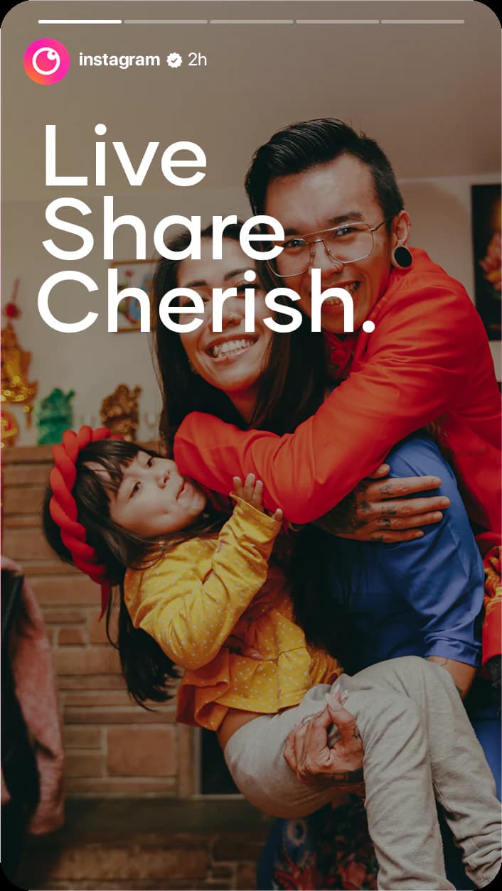 A story with the new mark in its header: a family hugging, with the words Live, Share, Cherish