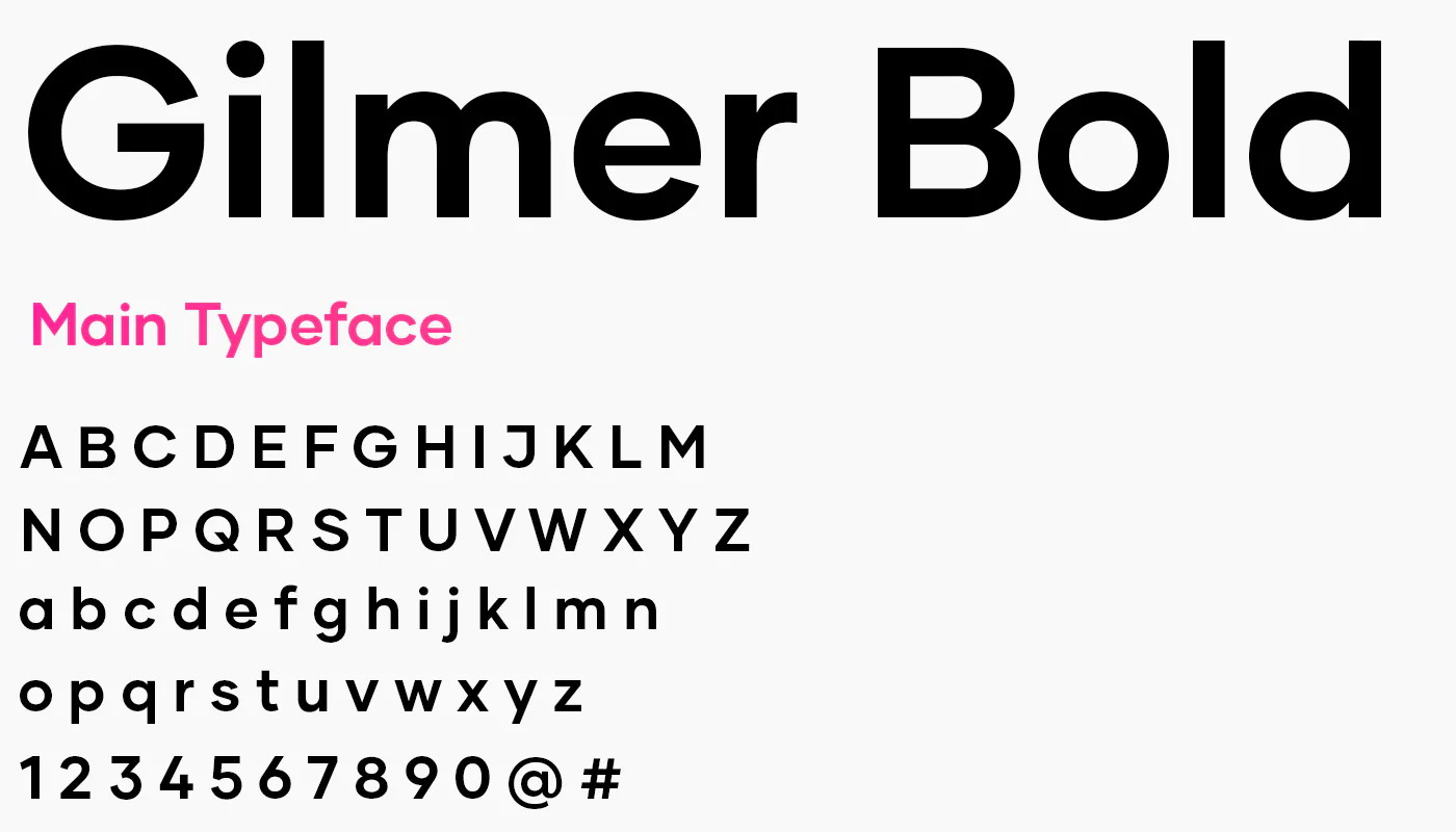 Type specimen: Gilmer Bold, the main typeface, with its alphabet in capitals and lowercase and the figures