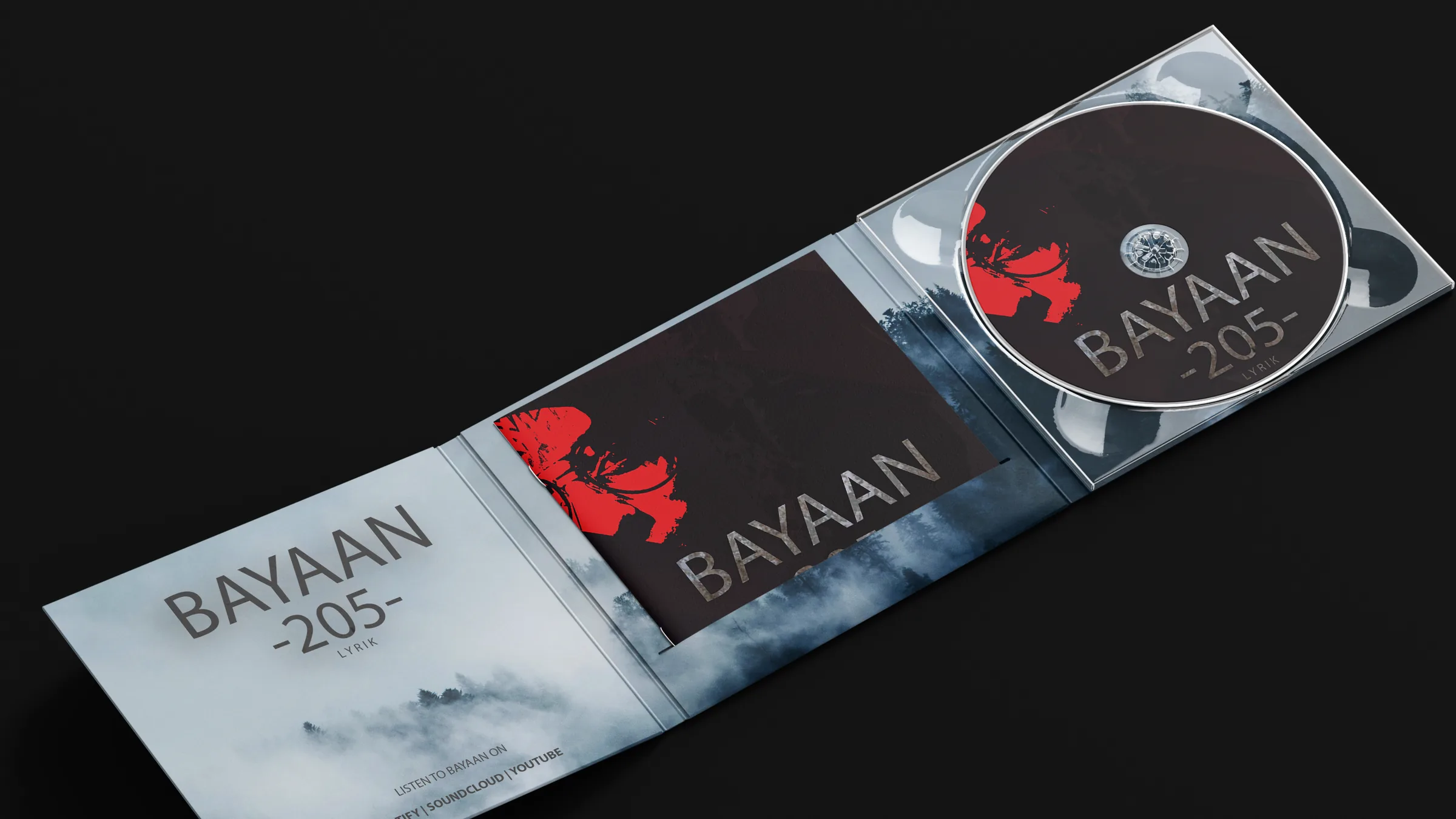 The Bayaan CD digipack lying open on black: the forest panel with the title, the cover on a sleeve, and the disc in its tray.