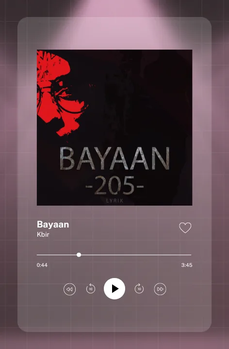 A player card under pink stage lights: the Bayaan cover, the title and Kbir, a progress bar and playback controls.