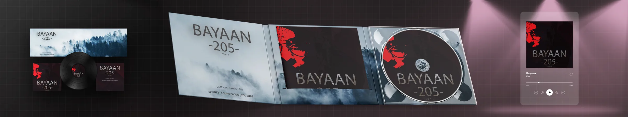 The Bayaan carousel as one picture: the flat artwork, the record and the digipack, then the open digipack, then the player card, across a dark grid.