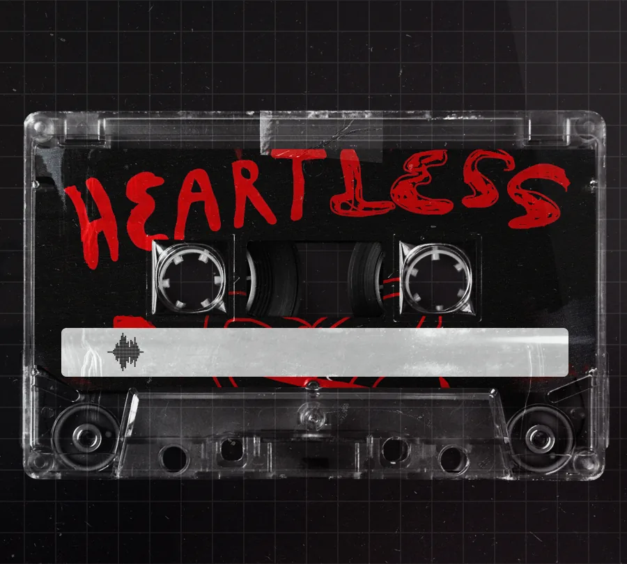 A clear cassette with HEARTLESS in red across it.