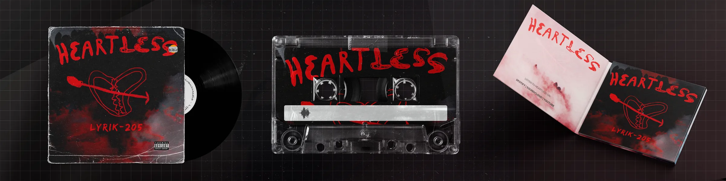 The Heartless carousel as one picture: the sleeve and record, the cassette and the digipack, across a dark grid.