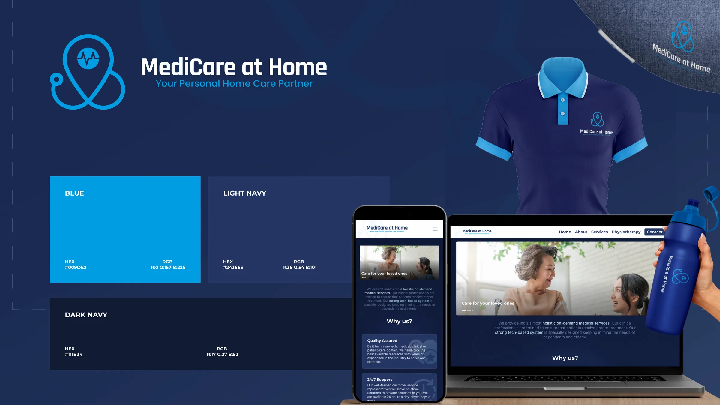 The MediCare at Home logo and palette beside a navy staff polo, and the website on a phone and a laptop