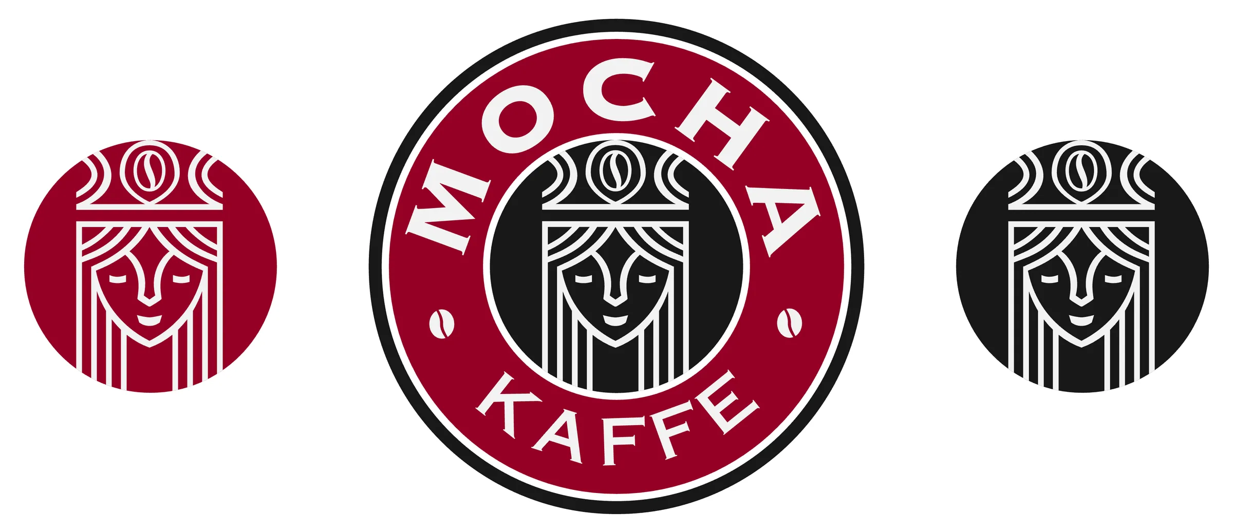 The logo set: the red icon badge, the full crest with MOCHA KAFFE around the face, and the black icon badge.