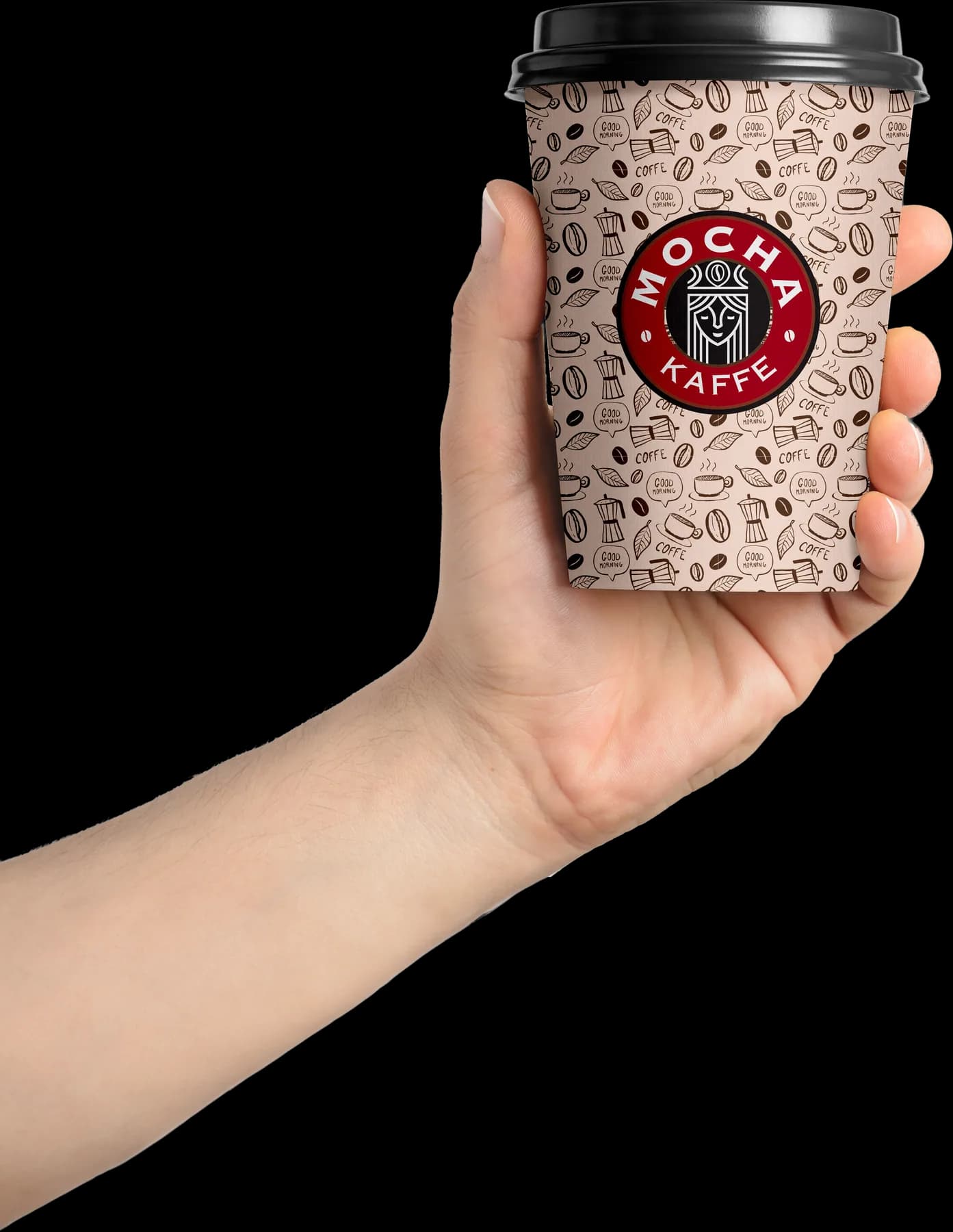 A hand holding a takeaway cup wrapped in a coffee doodle pattern, with the Mocha Kaffe crest on its front.