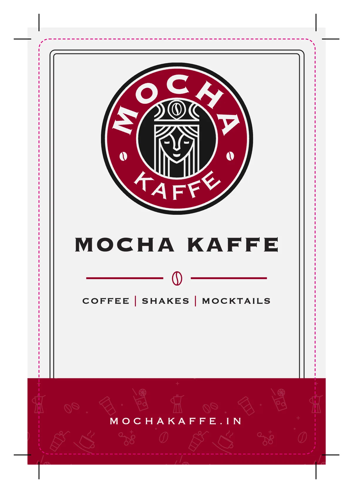 The bag label as sent to print: 3 mm bleed, crop marks and the rounded cut line.