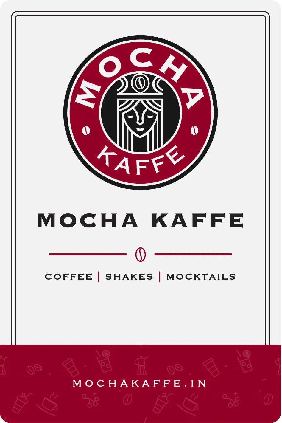 The kraft bag label: the crest, MOCHA KAFFE, a red rule with a bean, and a red foot printed with the line pattern.