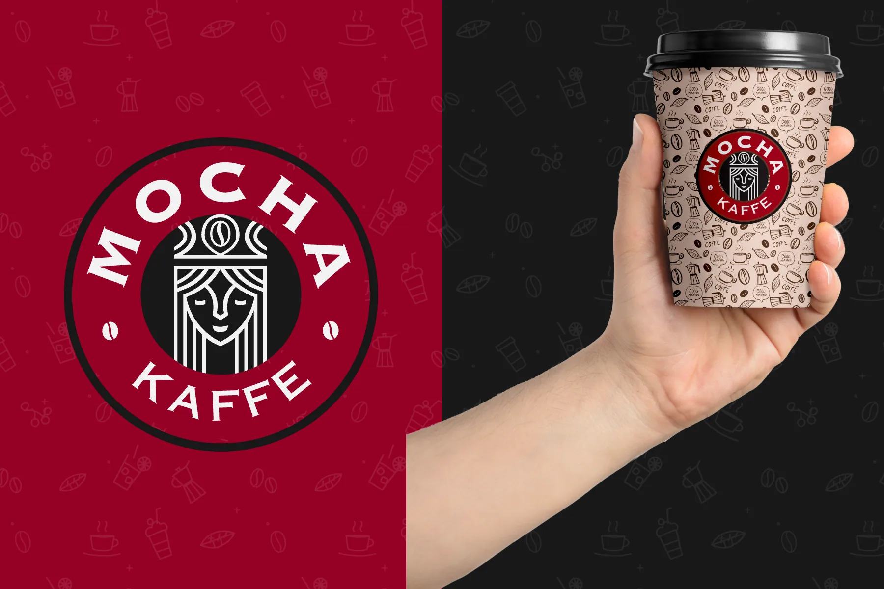 The red Mocha Kaffe crest beside a hand holding a patterned paper cup with the crest on it.