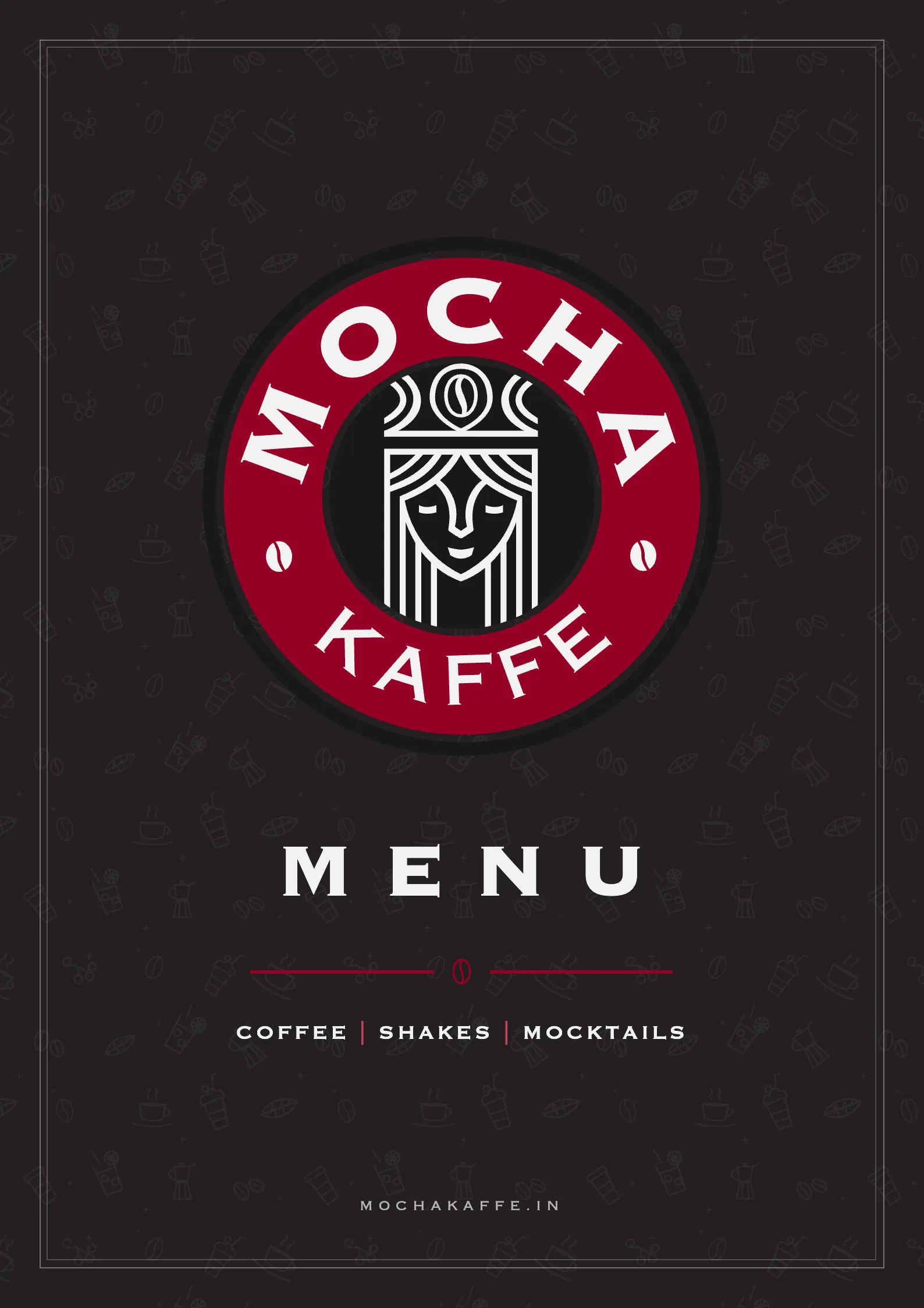 The menu's front: the red crest on coffee brown, MENU in wide capitals, a red rule with a bean, and COFFEE | SHAKES | MOCKTAILS.