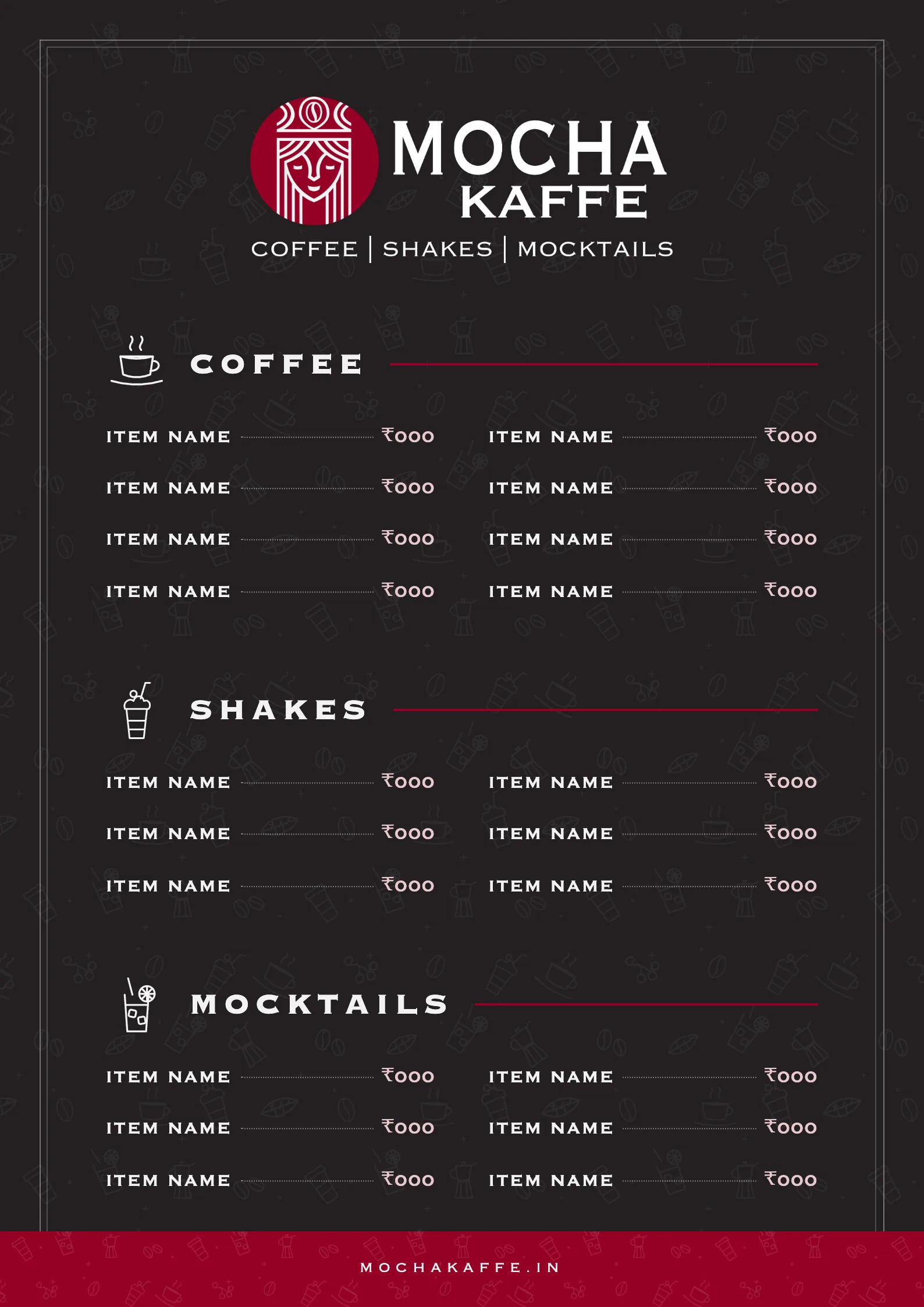 The menu's inside: the white lockup at the top, then Coffee, Shakes and Mocktails, each with a line drawing and two columns of item lines with dotted leaders to the prices.