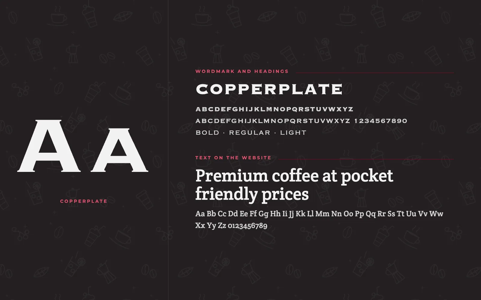 Type specimen: Copperplate in bold, regular and light for the wordmark and headings, and Crete Round for text on the website.