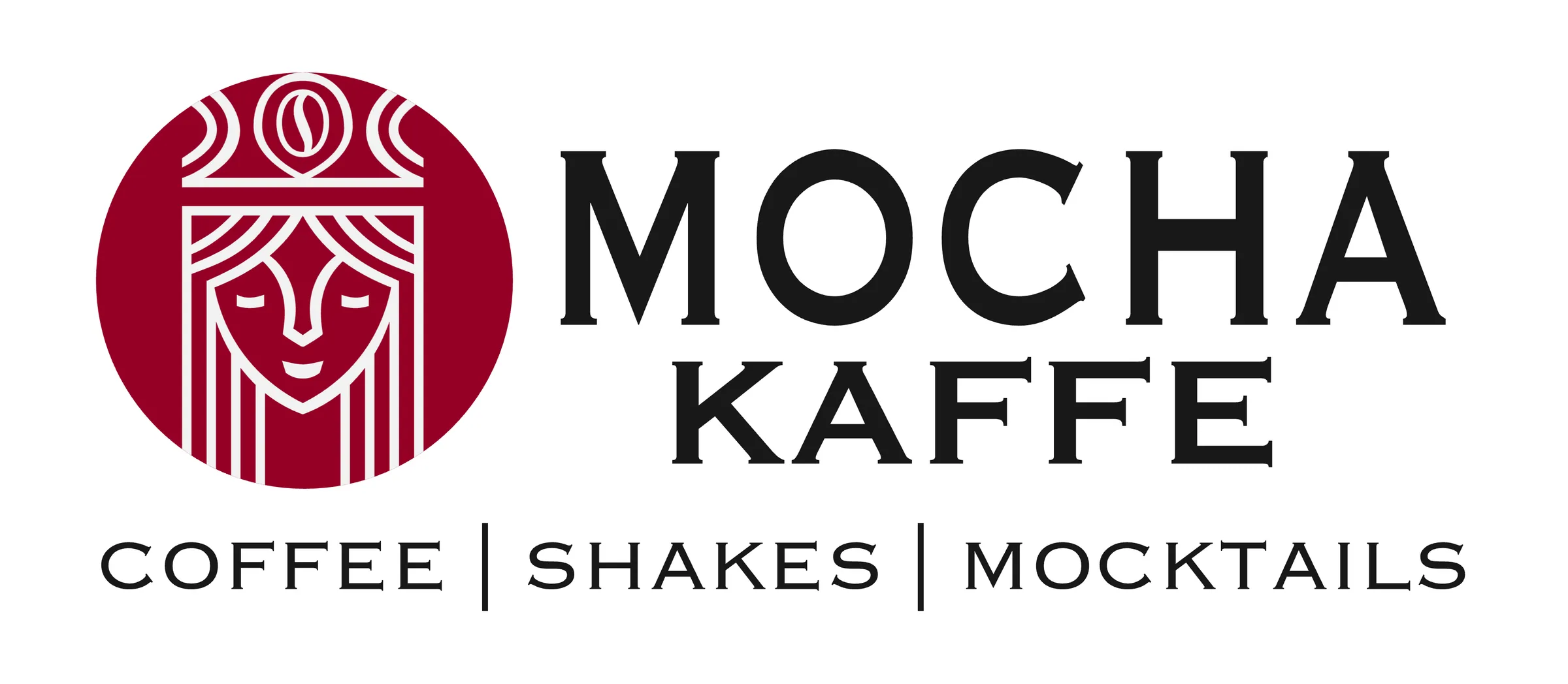 The horizontal lockup on white: red icon badge, MOCHA KAFFE in Copperplate, and COFFEE | SHAKES | MOCKTAILS beneath.