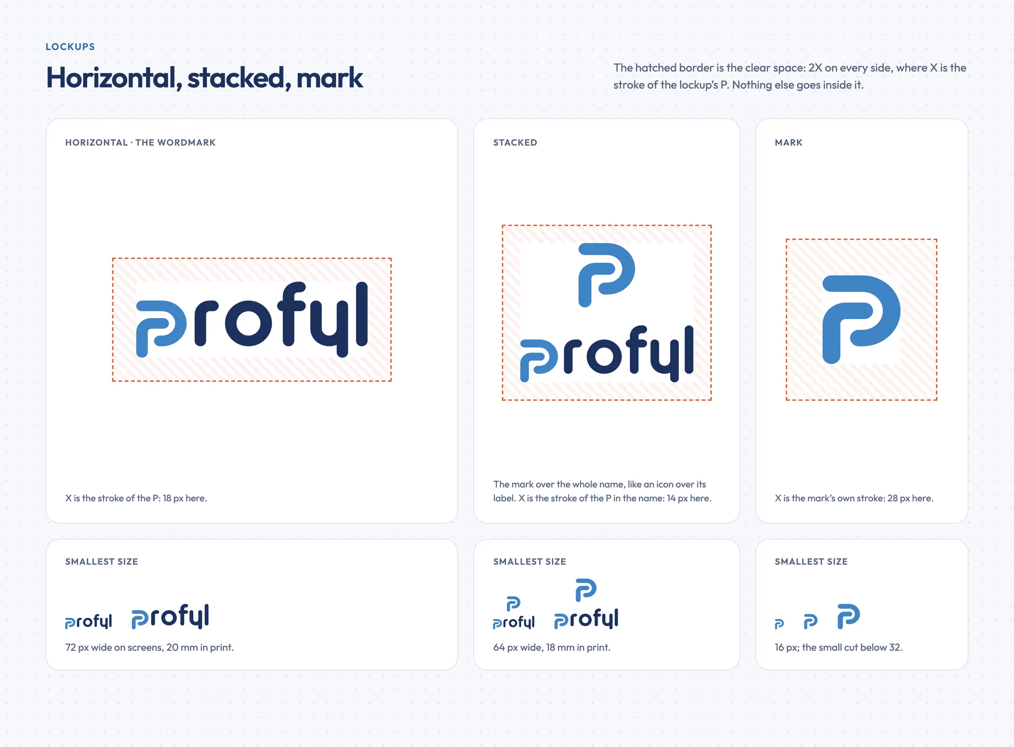 The horizontal wordmark, the stacked lockup and the mark alone, each inside a hatched clear-space border twice the stroke of its P, with their smallest sizes below