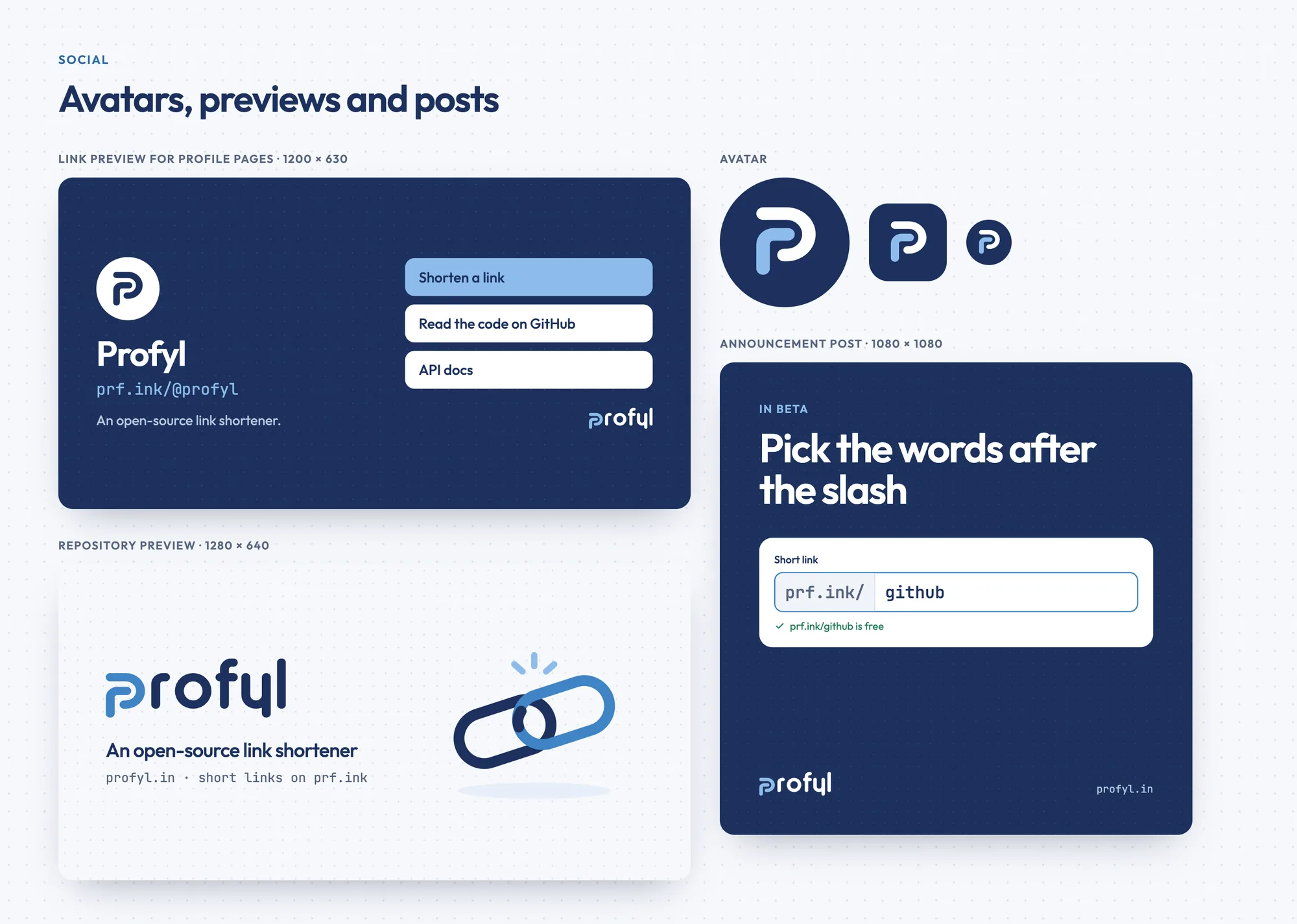 A link preview for profile pages, a repository preview, avatars and an announcement post for custom short links