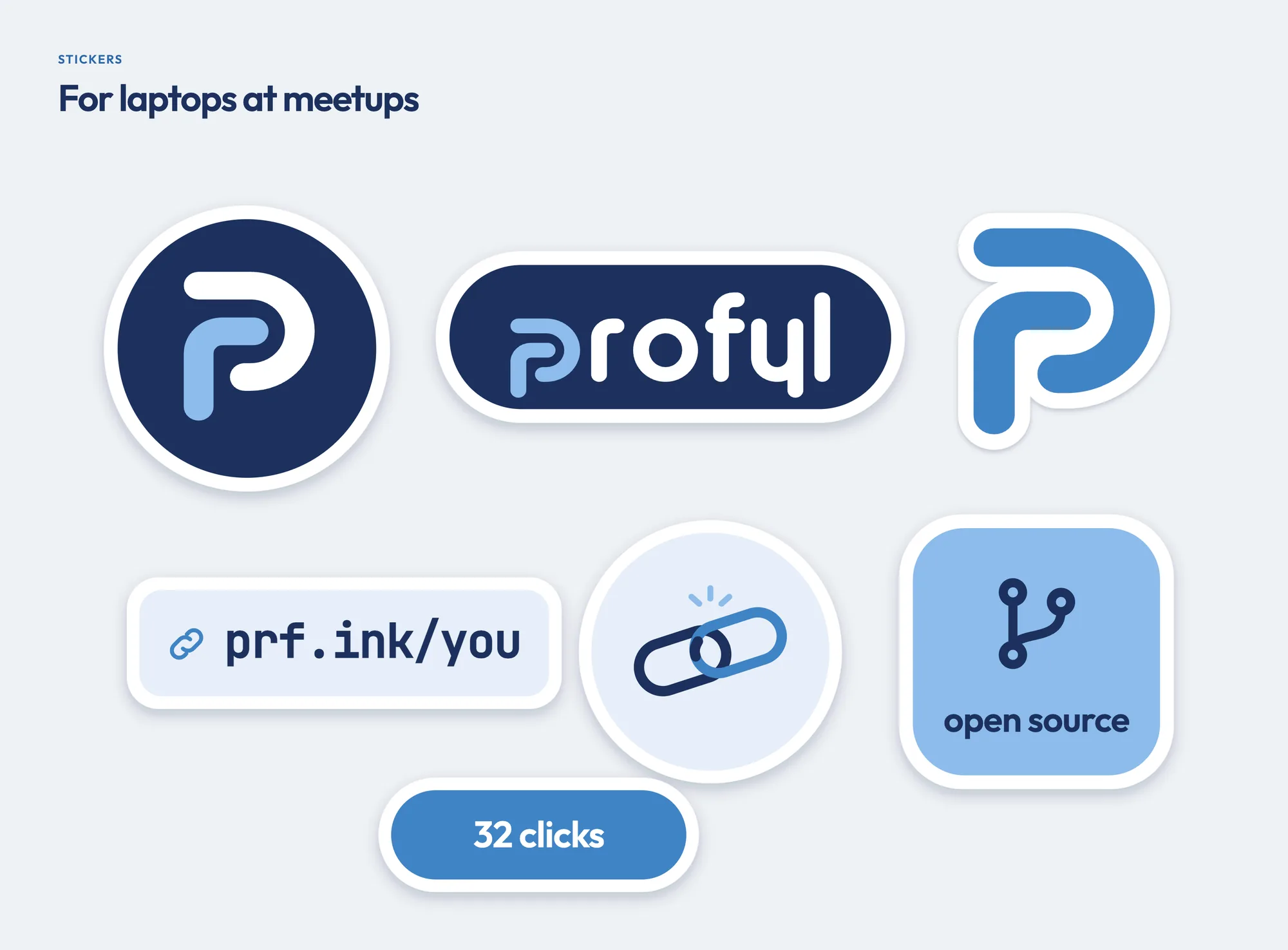 Seven die-cut stickers: the P in a navy circle, the wordmark on a navy pill, the P cut to shape, prf.ink/you, two links, open source and 32 clicks
