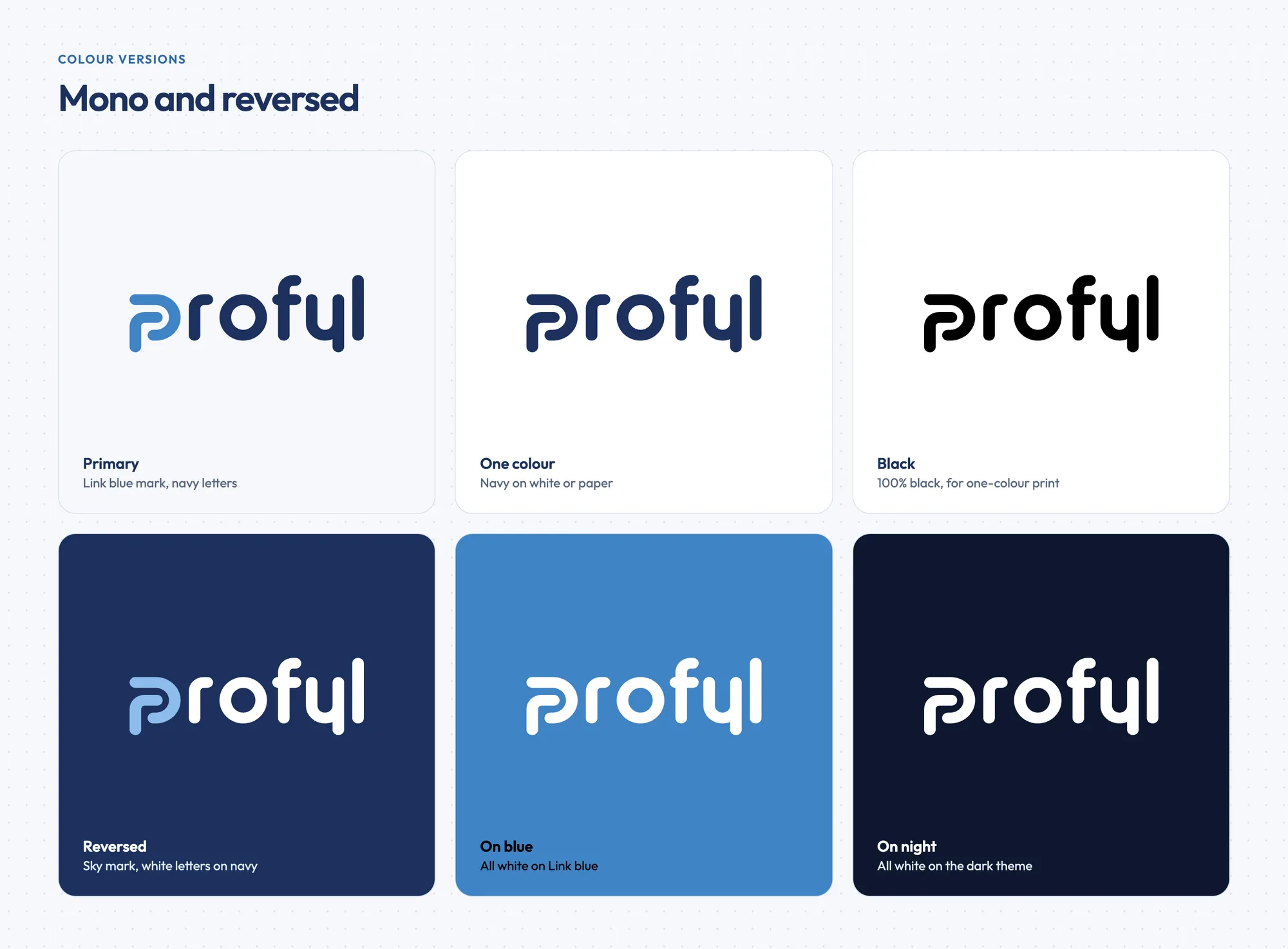 Six colour versions of the wordmark: primary blue and navy, navy alone, 100% black, reversed on navy, white on Link blue and white on night