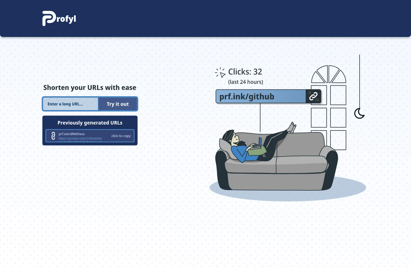 The first landing page: a navy header with the old logo, Shorten your URLs with ease, a link box and a couch illustration of someone on a laptop