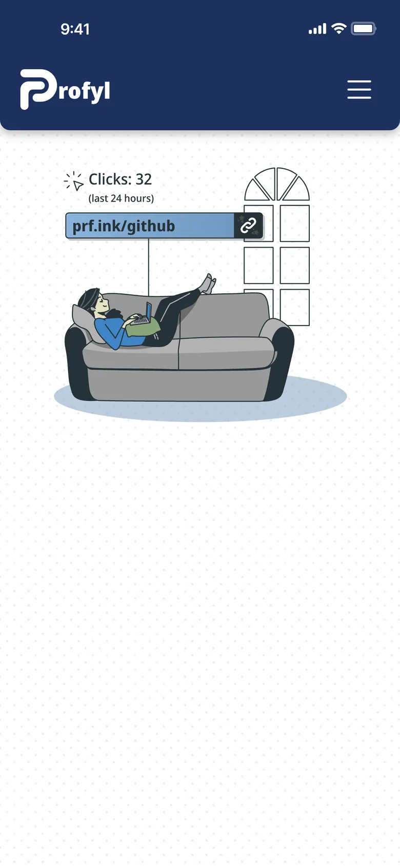 The first phone design: the navy header and the couch illustration with prf.ink/github and Clicks: 32