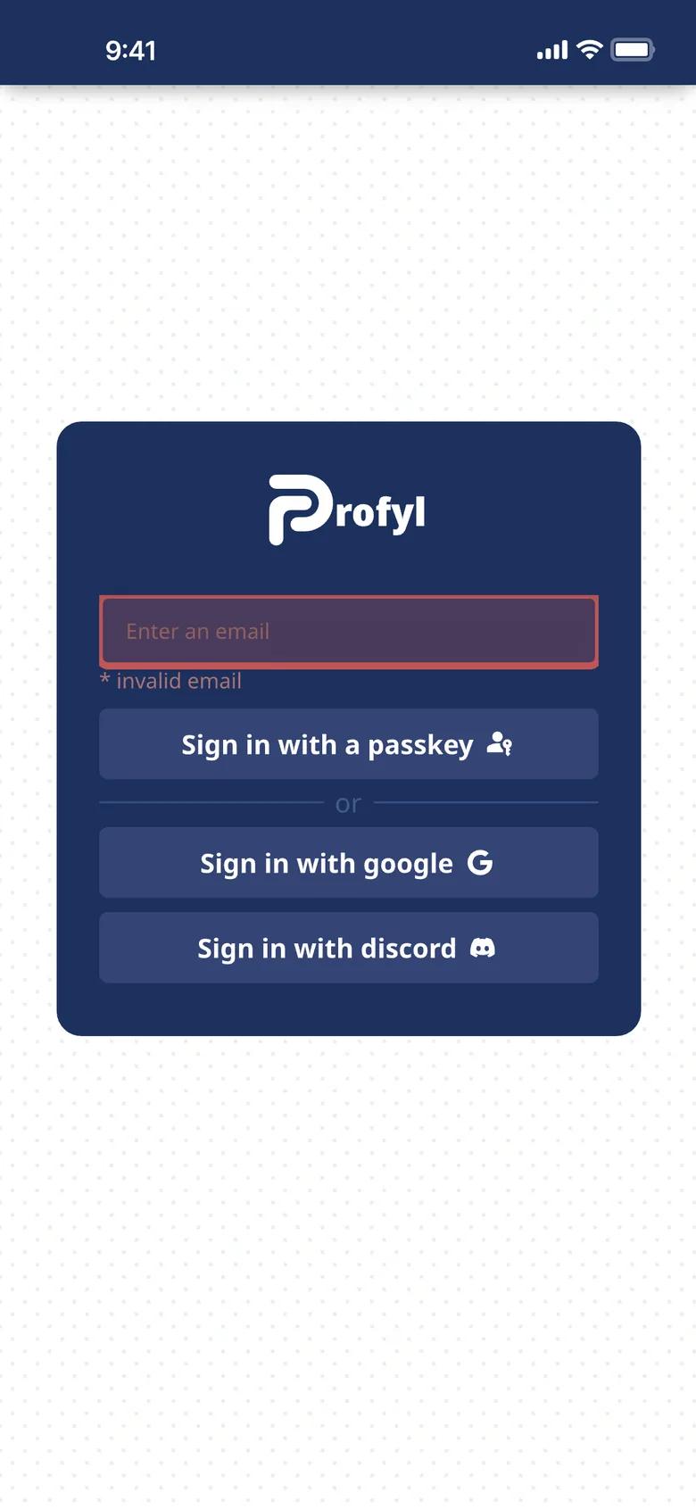 The first sign-in screen: a navy card with an email field marked invalid, and passkey, Google and Discord buttons