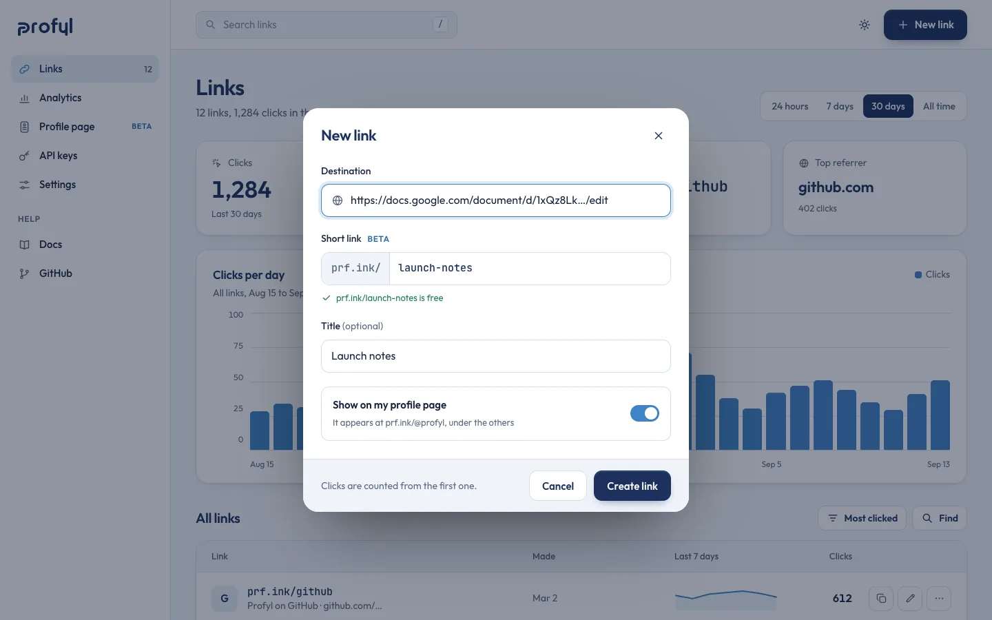The New link dialog over the dashboard: destination, prf.ink/launch-notes marked free, a title and a switch to show it on the profile page