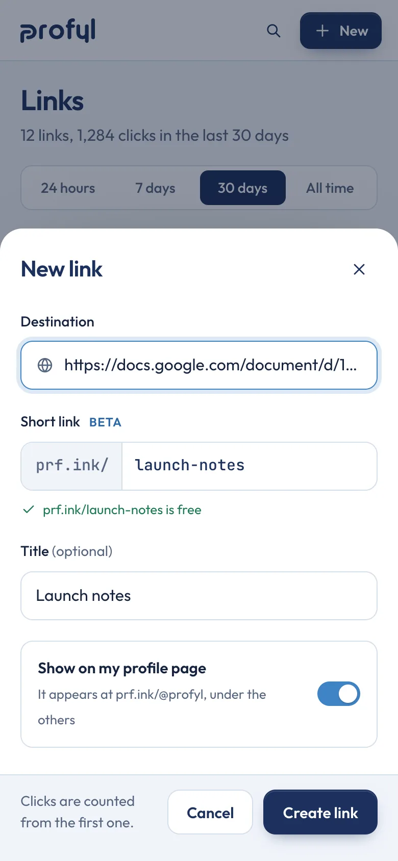 New link on a phone, as a sheet rising from the foot of the screen