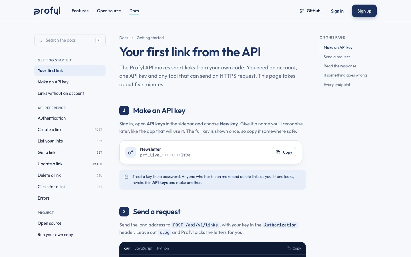 The docs: a sidebar of guides and endpoints, and Your first link from the API with its first step, making a key