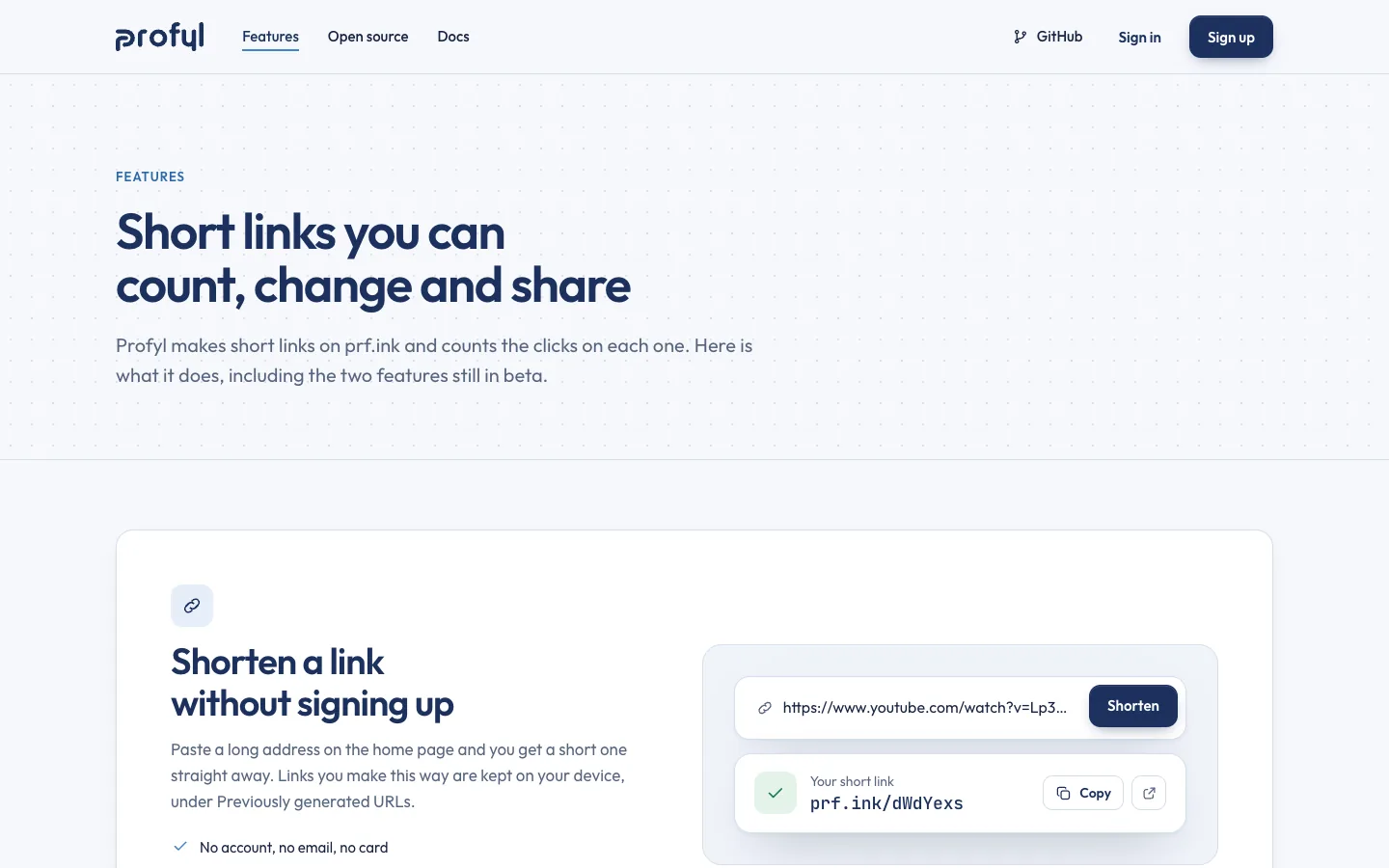 The features page: Short links you can count, change and share, over the first feature, shortening without signing up