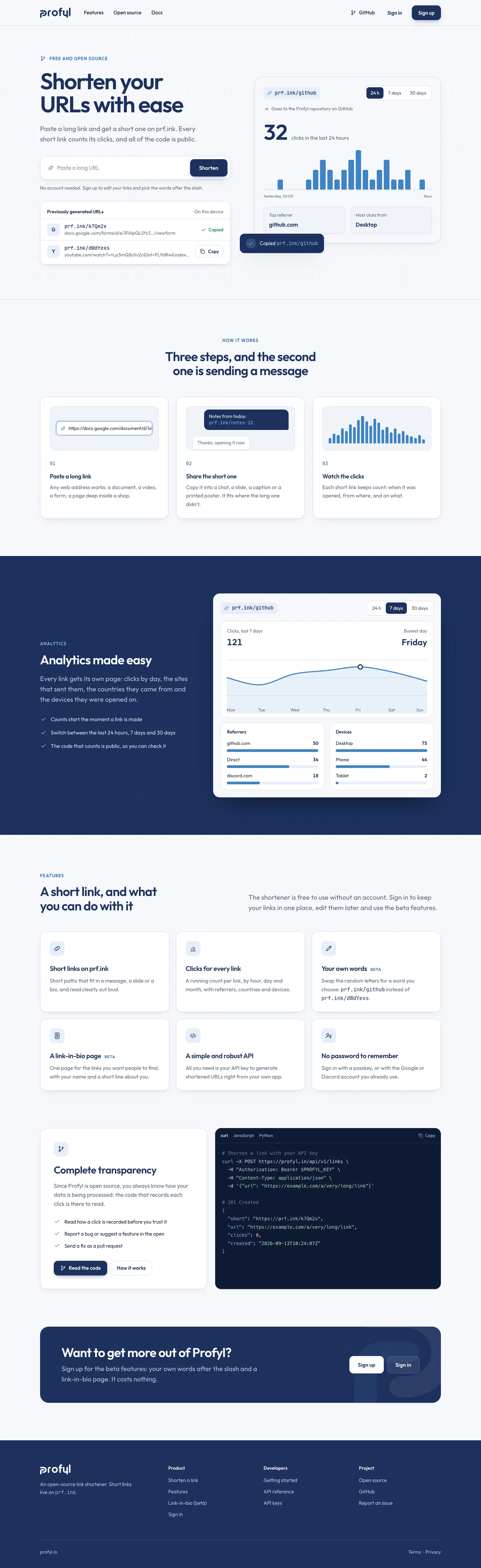 The home page on desktop: Shorten your URLs with ease with a link box and recent links, how it works in three steps, analytics on navy, six features, the open-source story beside a code sample, and a sign-up band