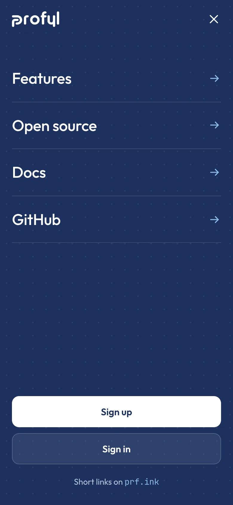 The phone menu: Features, Open source, Docs and GitHub in large type on navy, with sign up and sign in at the foot