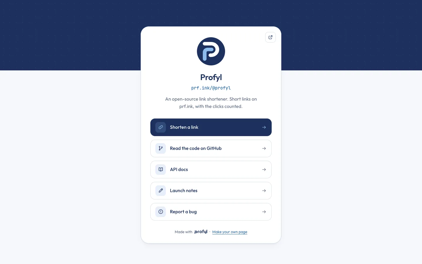Profyl's own profile page at prf.ink/@profyl: the P, a line about the project and five links