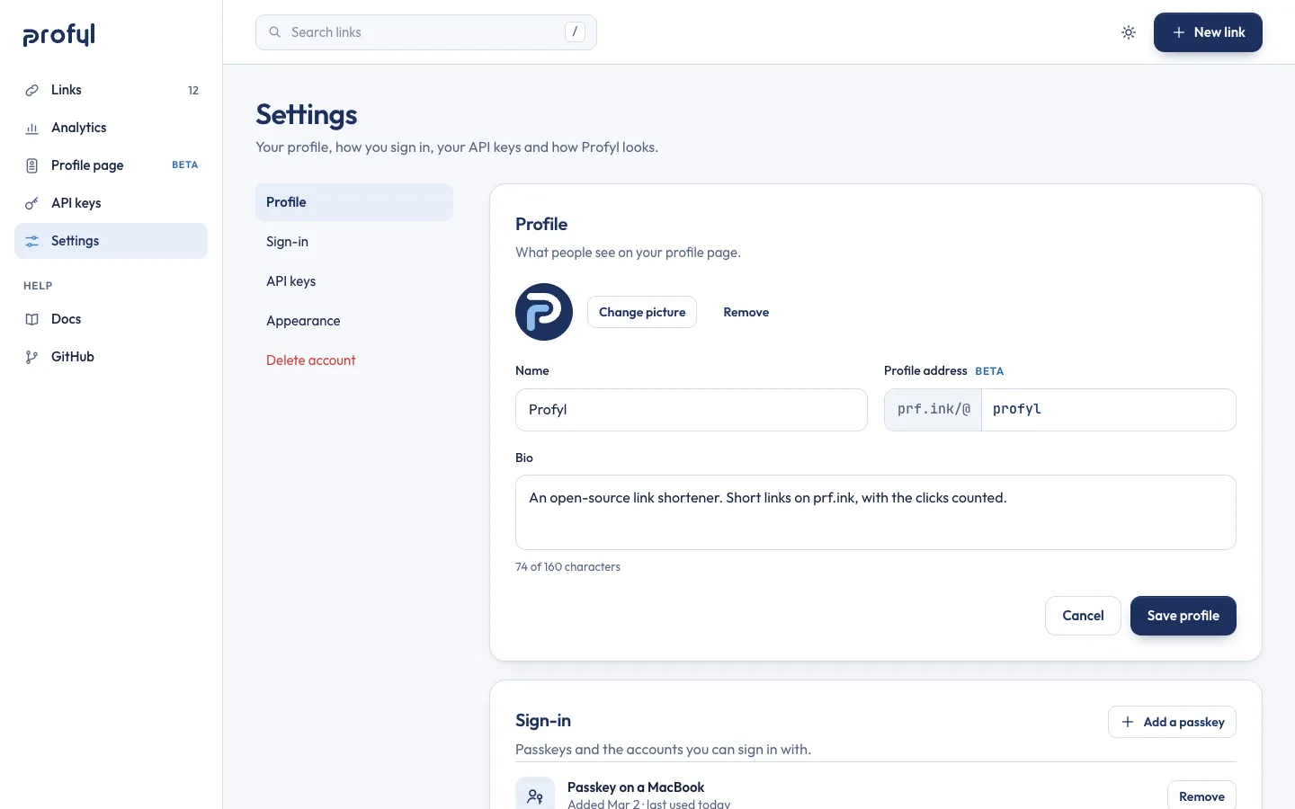 Settings: profile, sign-in, API keys, appearance and delete account, with the profile form open
