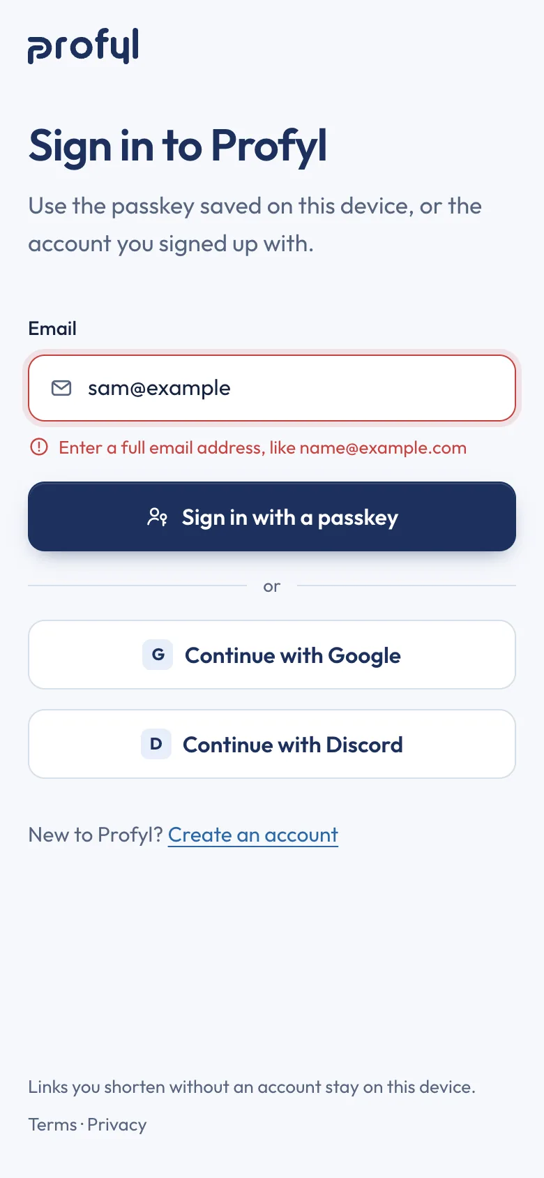 Sign in on a phone, with the email error
