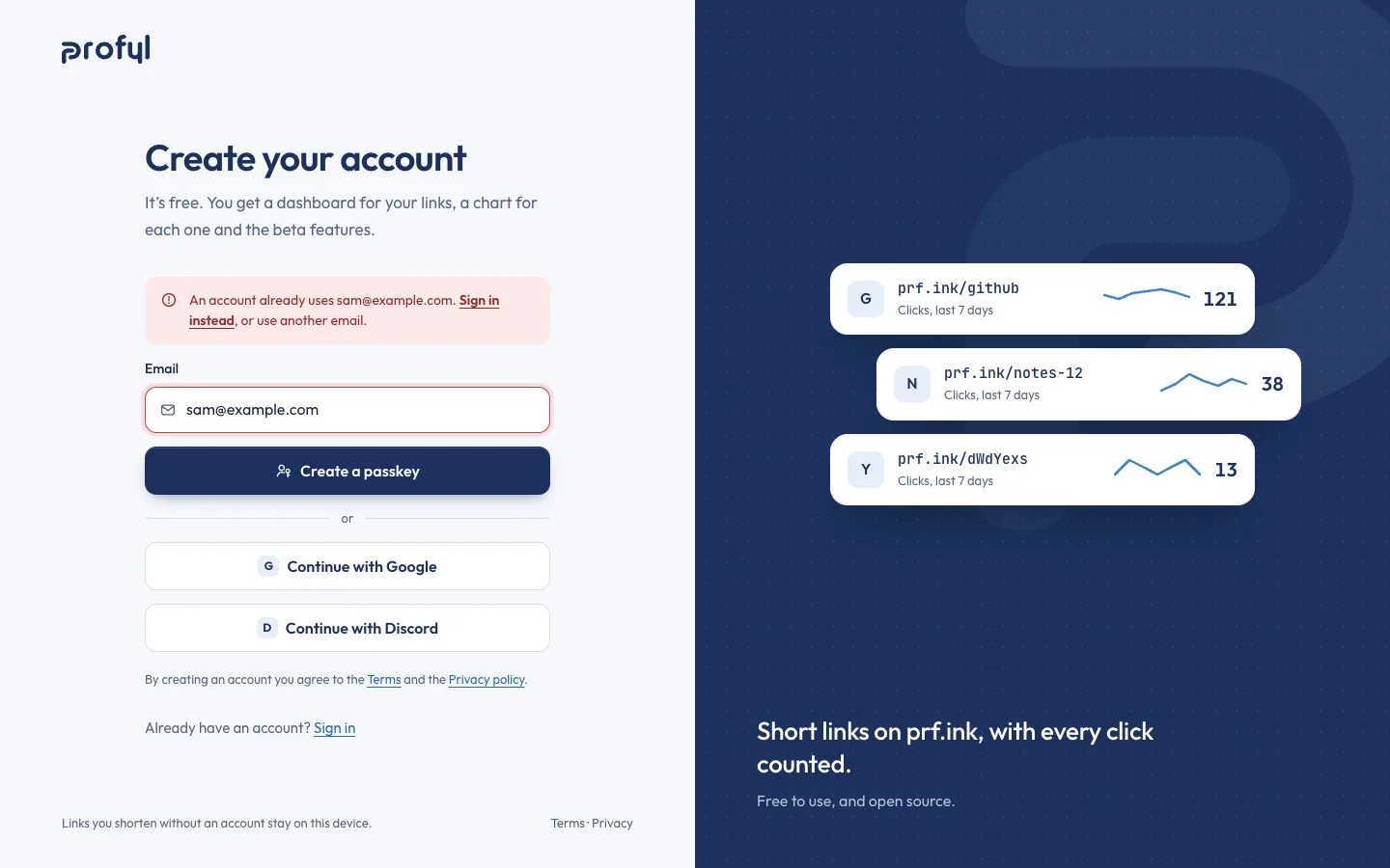 Create your account with a red notice: an account already uses this email, with a link to sign in instead