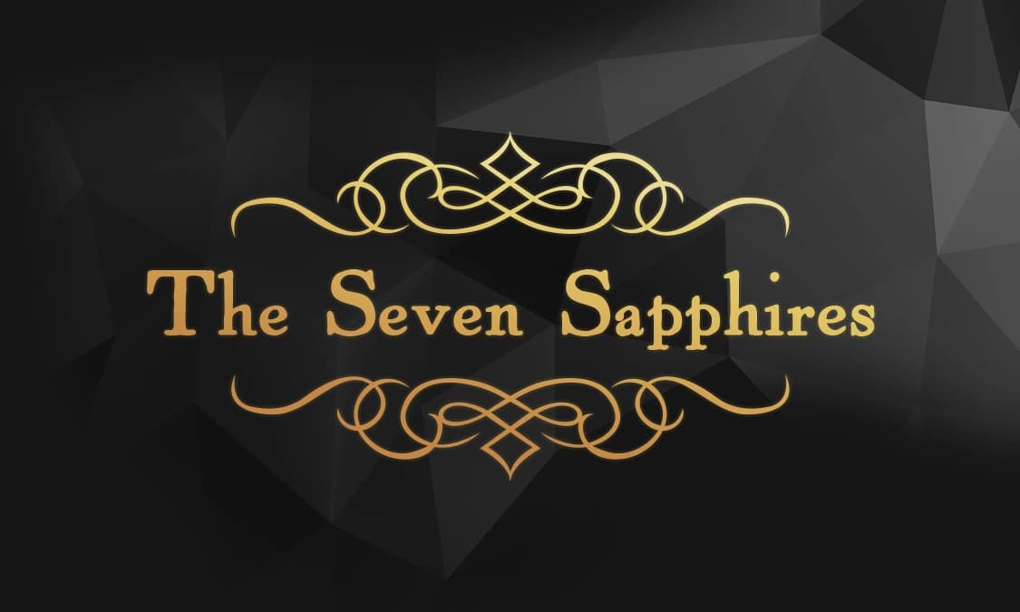 A plainer version of the card's front: the gold logo on faceted black, without the corner scrollwork
