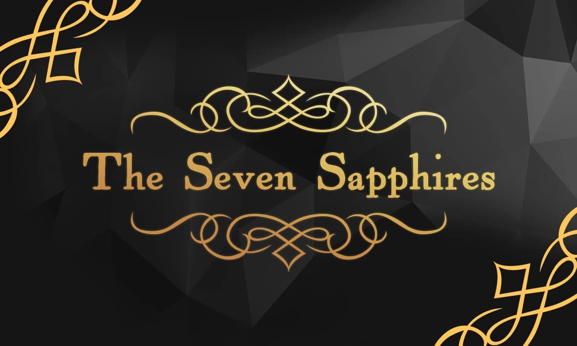 The card's front: the gold logo between two flourishes on faceted black, with gold scrollwork in the top left and bottom right corners