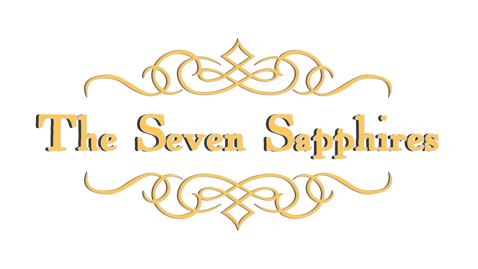The Seven Sapphires logo on white, the gold letters and flourishes with a hard grey offset shadow