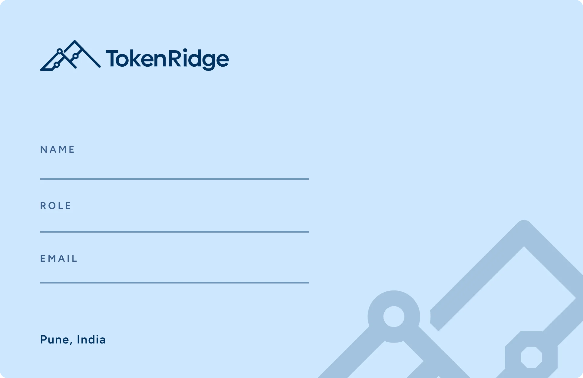 The business card back in ice blue: the horizontal logo, name, role and email lines, and the ridge mark large and faint