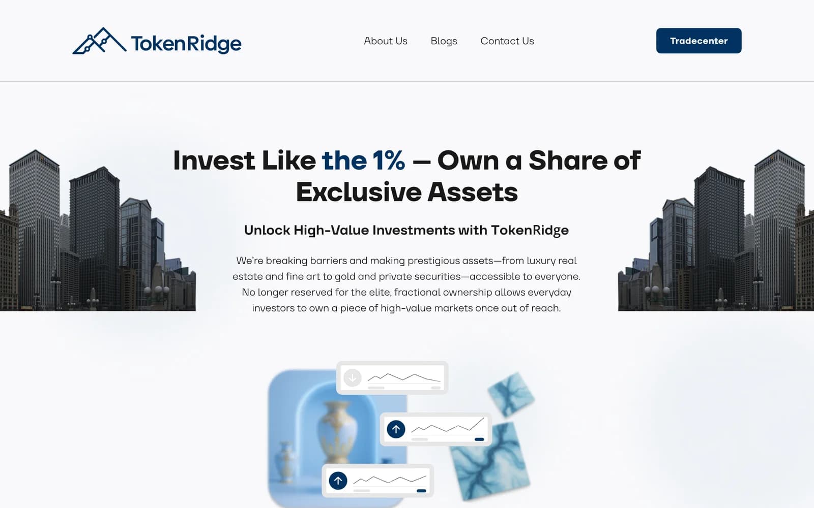 The top of the investor page: towers either side of the headline Invest Like the 1%, Own a Share of Exclusive Assets