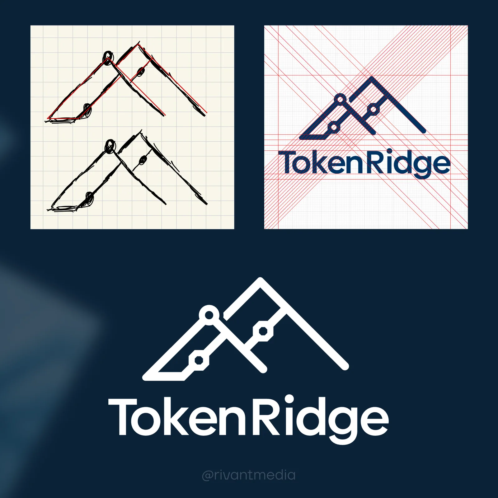 Launch post: the sketch and the construction grid above the finished logo