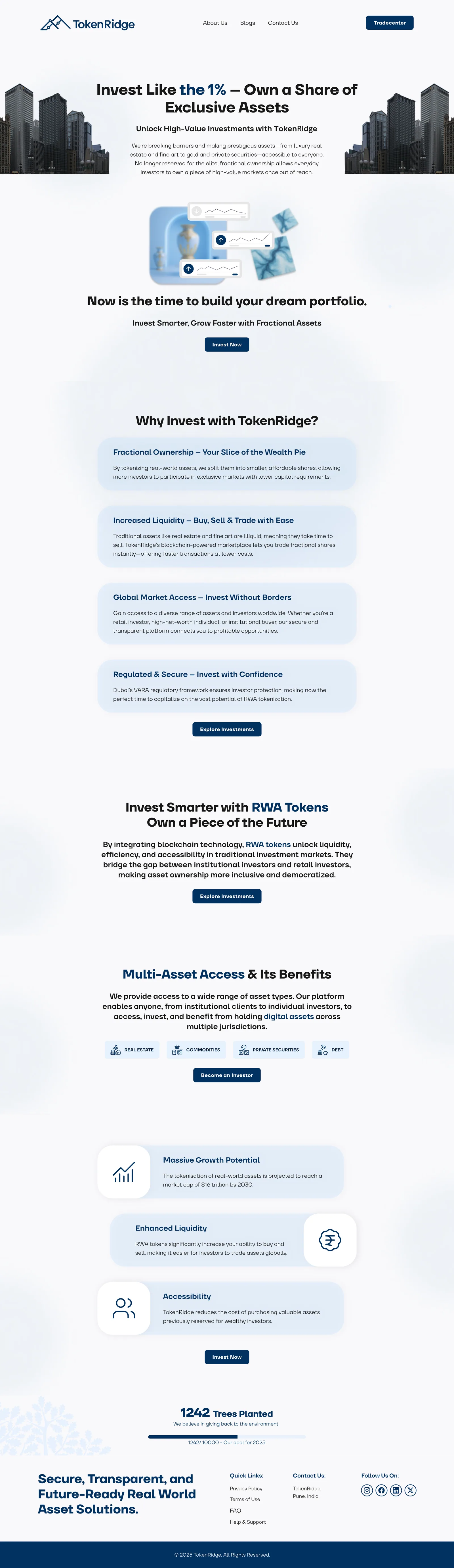 The investor page on desktop: Invest like the 1%, why invest with TokenRidge, RWA tokens, the asset types, three benefits and a tree-planting counter