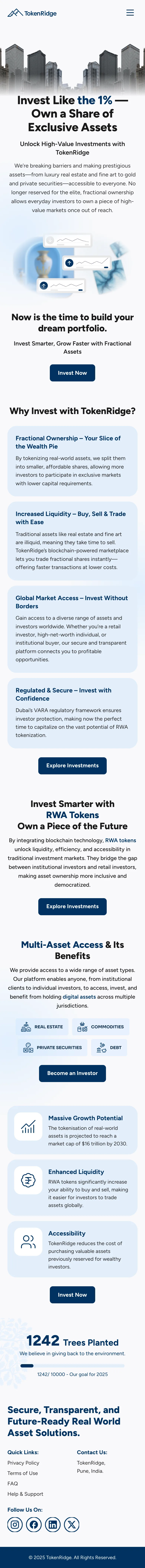 The investor page on a phone, its sections stacked and the benefit cards full width