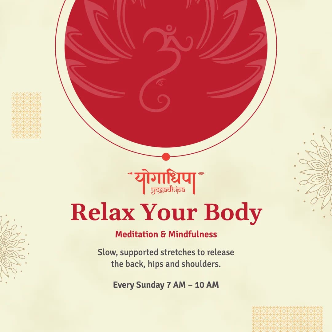 Post: Relax Your Body, under a crimson circle holding the Om line.